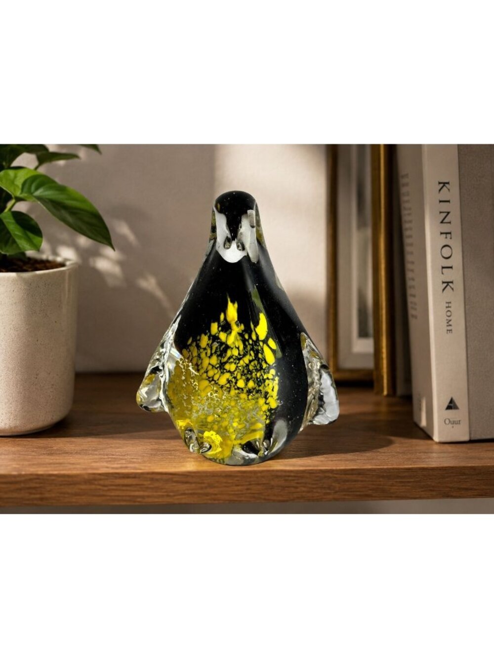 Vintage Art Glass Penguin Paperweight Black Yellow Controlled Bubble 4 1/2"